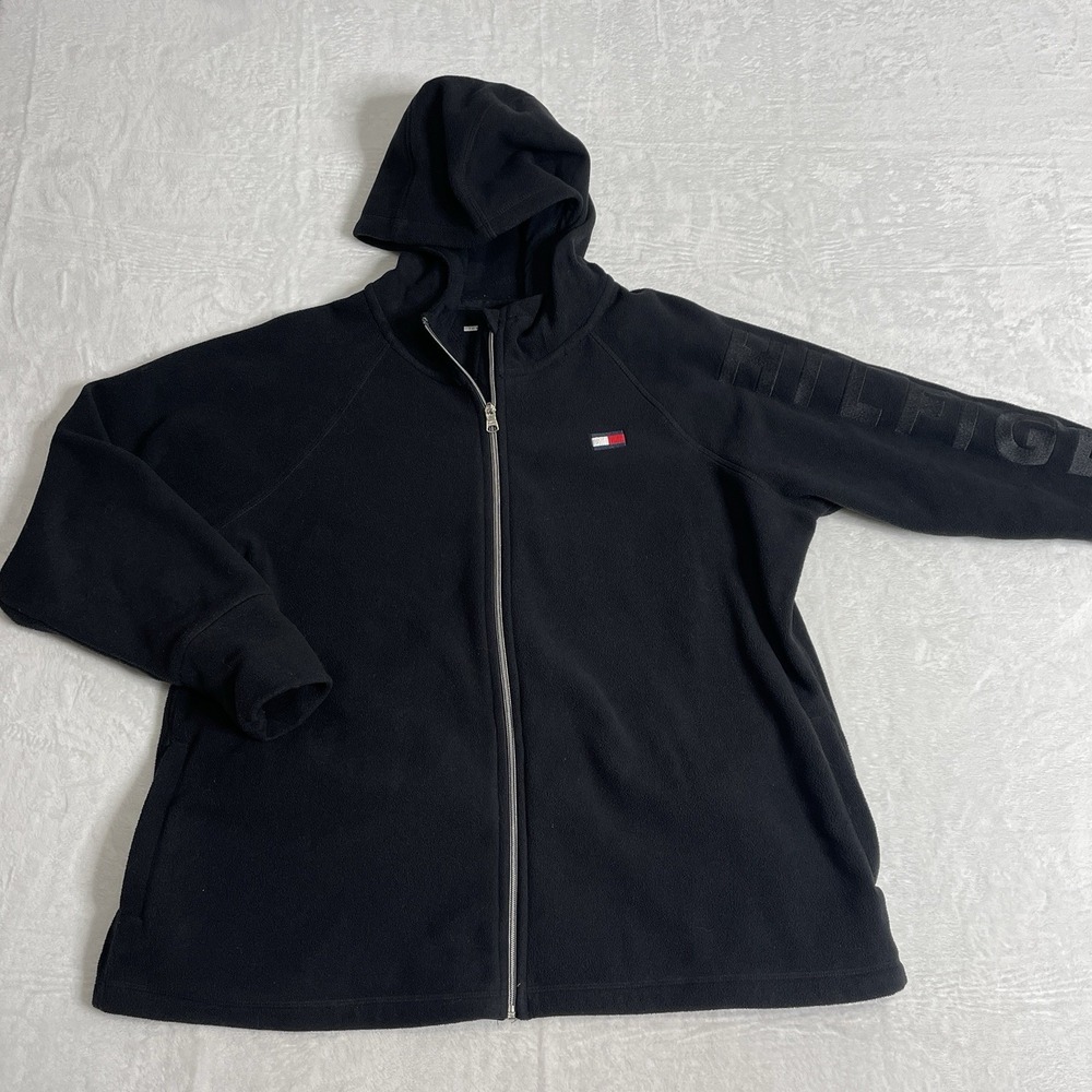 Tommy Hilfiger Men's 1X Full Zip Fleece Jacket Blue Gray Pockets Hooded Spellout